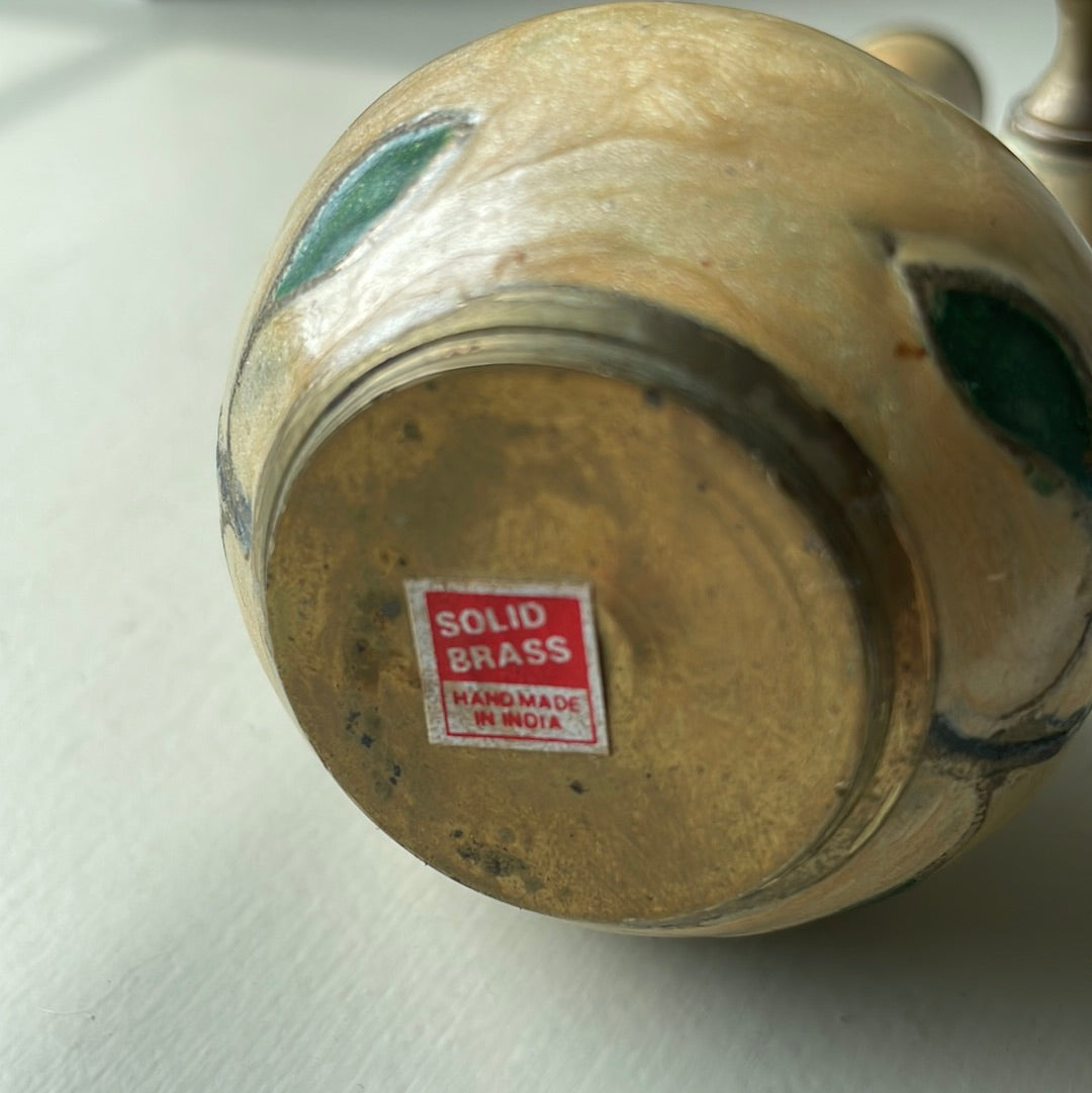 Enameled Brass Candlesticks and Bud Vase