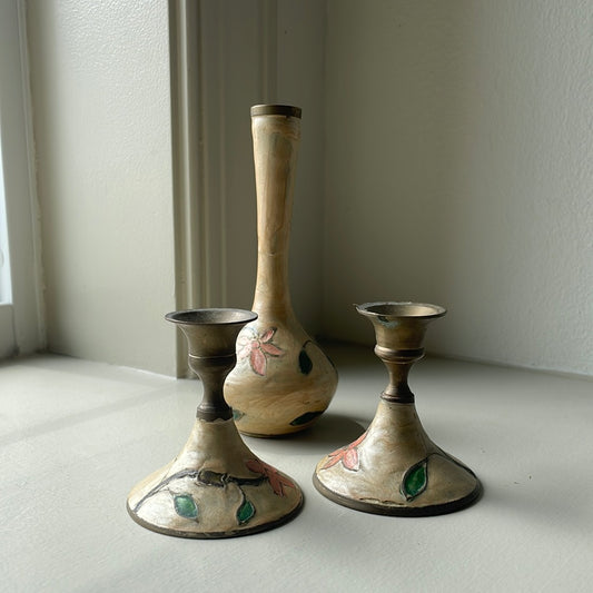 Enameled Brass Candlesticks and Bud Vase