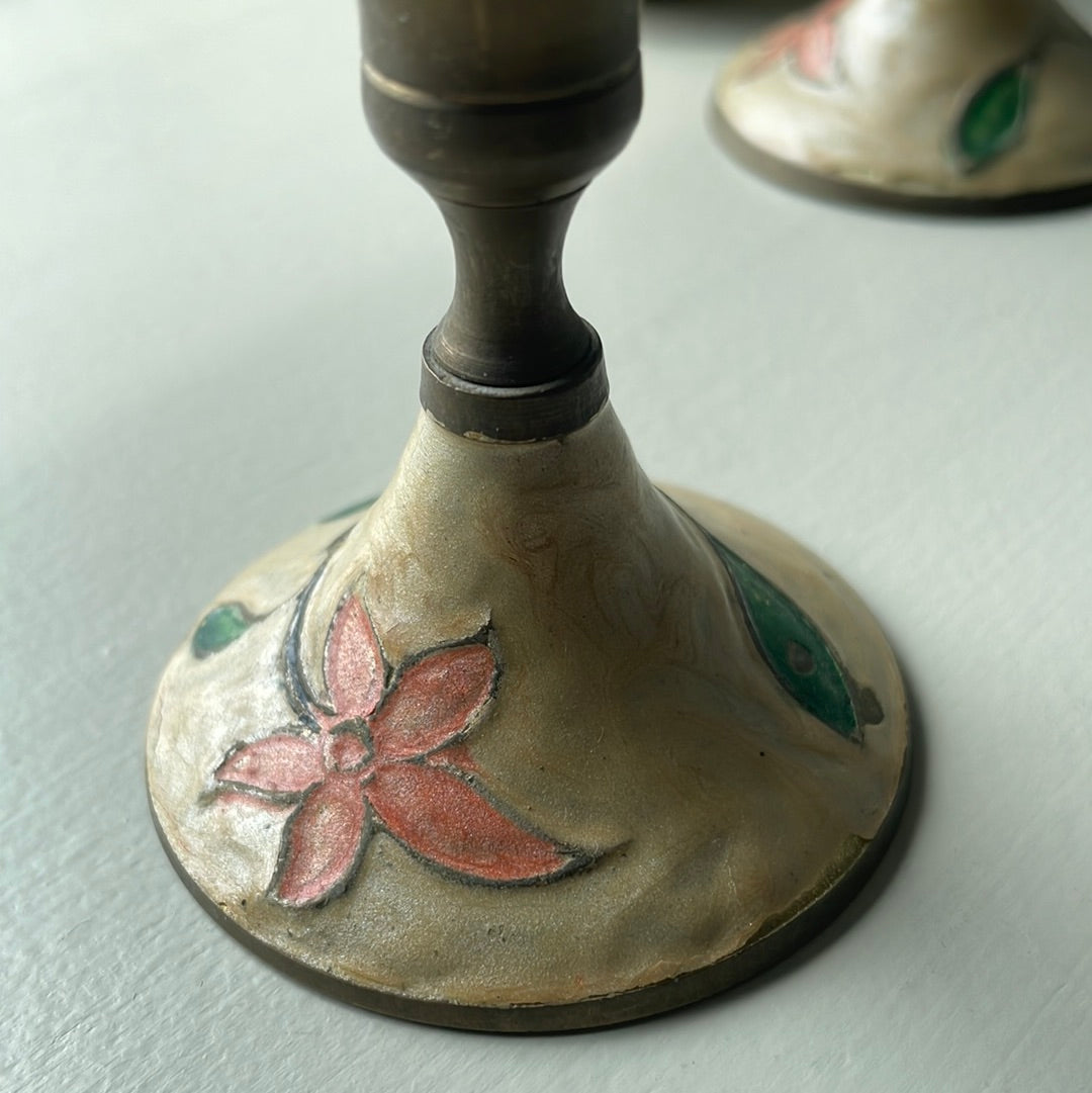 Enameled Brass Candlesticks and Bud Vase