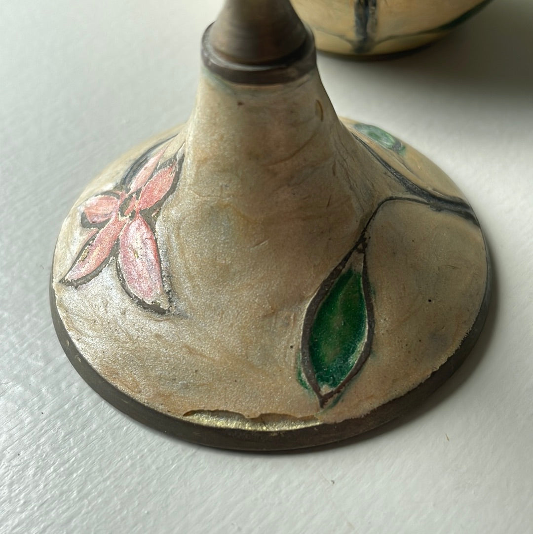 Enameled Brass Candlesticks and Bud Vase