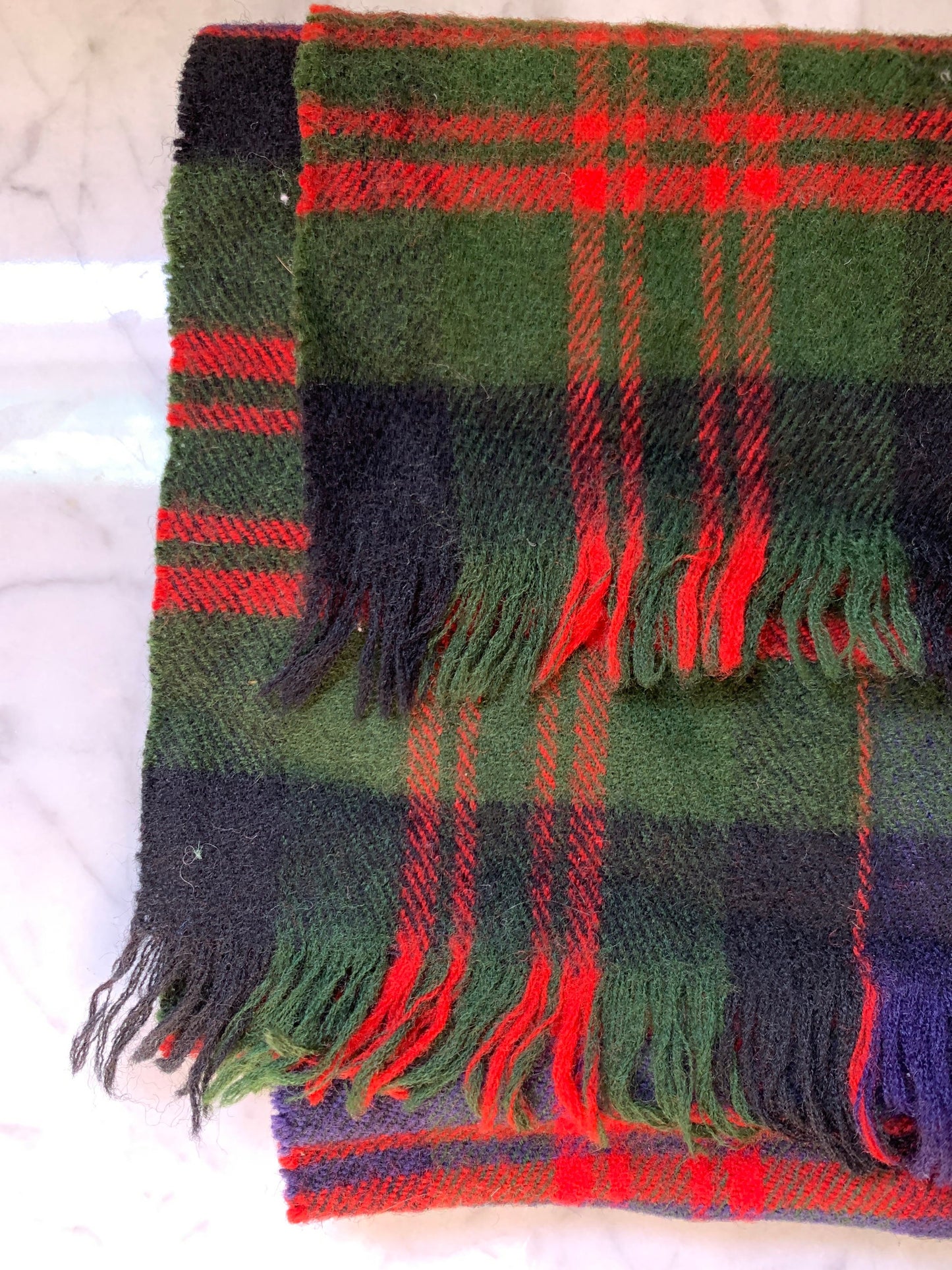 Navy green and red wool scarf