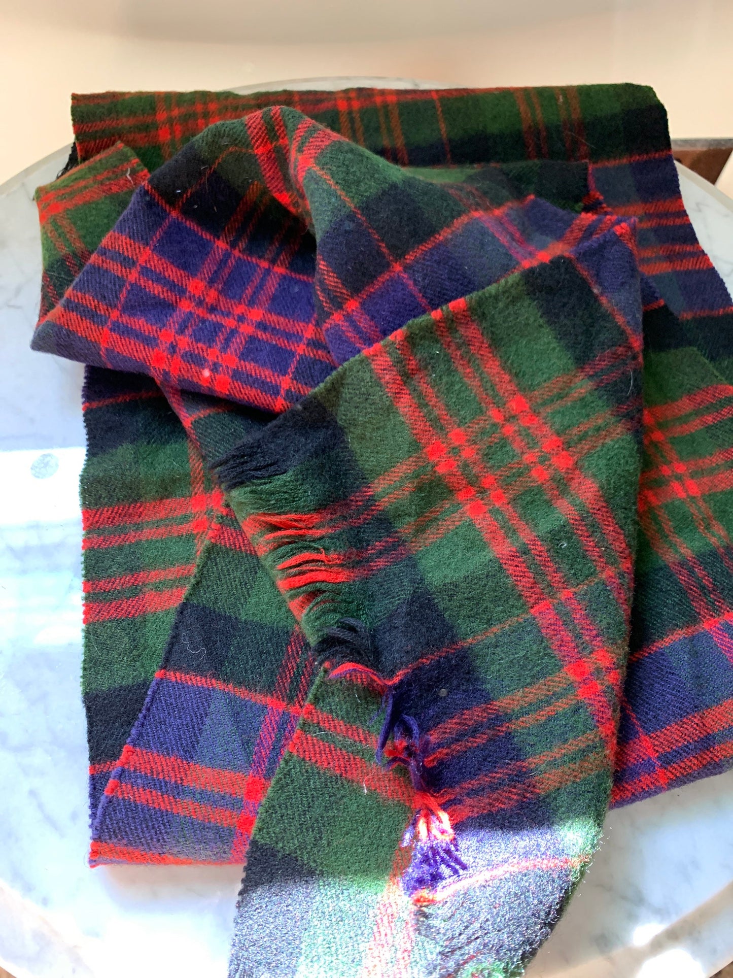 Navy green and red wool scarf