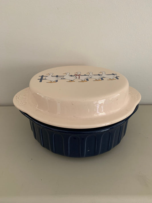 Blue casserole with duck lid