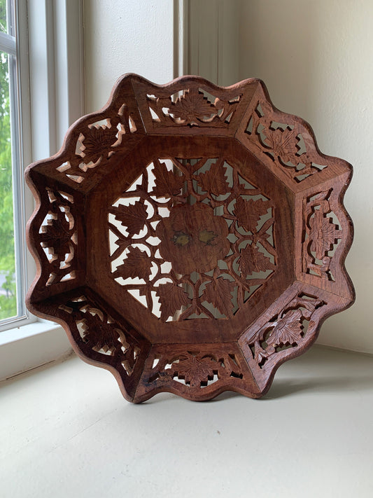 Carved wood tray with brass inlay