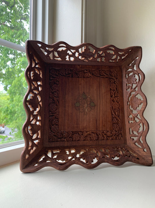 Square Carved wood tray with brass inlay